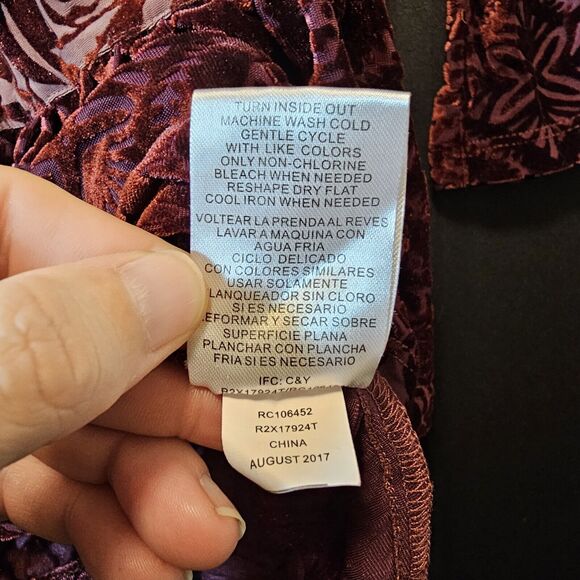 RXB Burgundy Red Gold Floral Velvet Burnout Velour Top Tiered Bell Sleeves Small - Picture 5 of 10